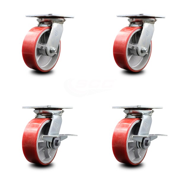 6 Inch Red Poly on Cast Iron Swivel Caster Set with Roller Bearings 2 Brakes